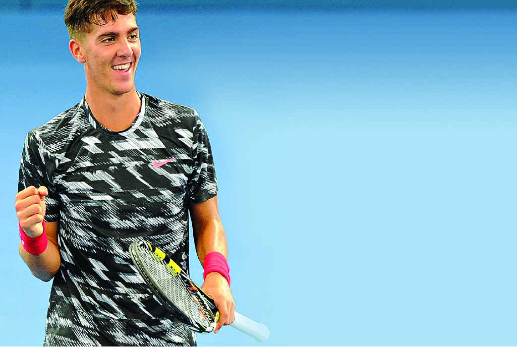 Thanasi Kokkinakis celebrates beating Julien Benneteau in the first round in Brisbane. Thanasi Kokkinakis celebrates beating Julien Benneteau in the first round in Brisbane.